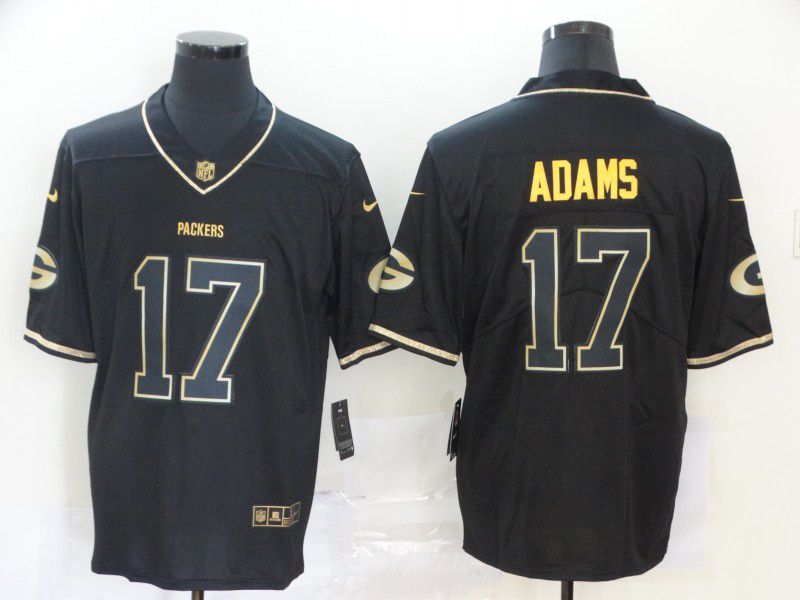 Men Green Bay Packers #17 Adams Black Retro gold lettering Nike NFL Jersey